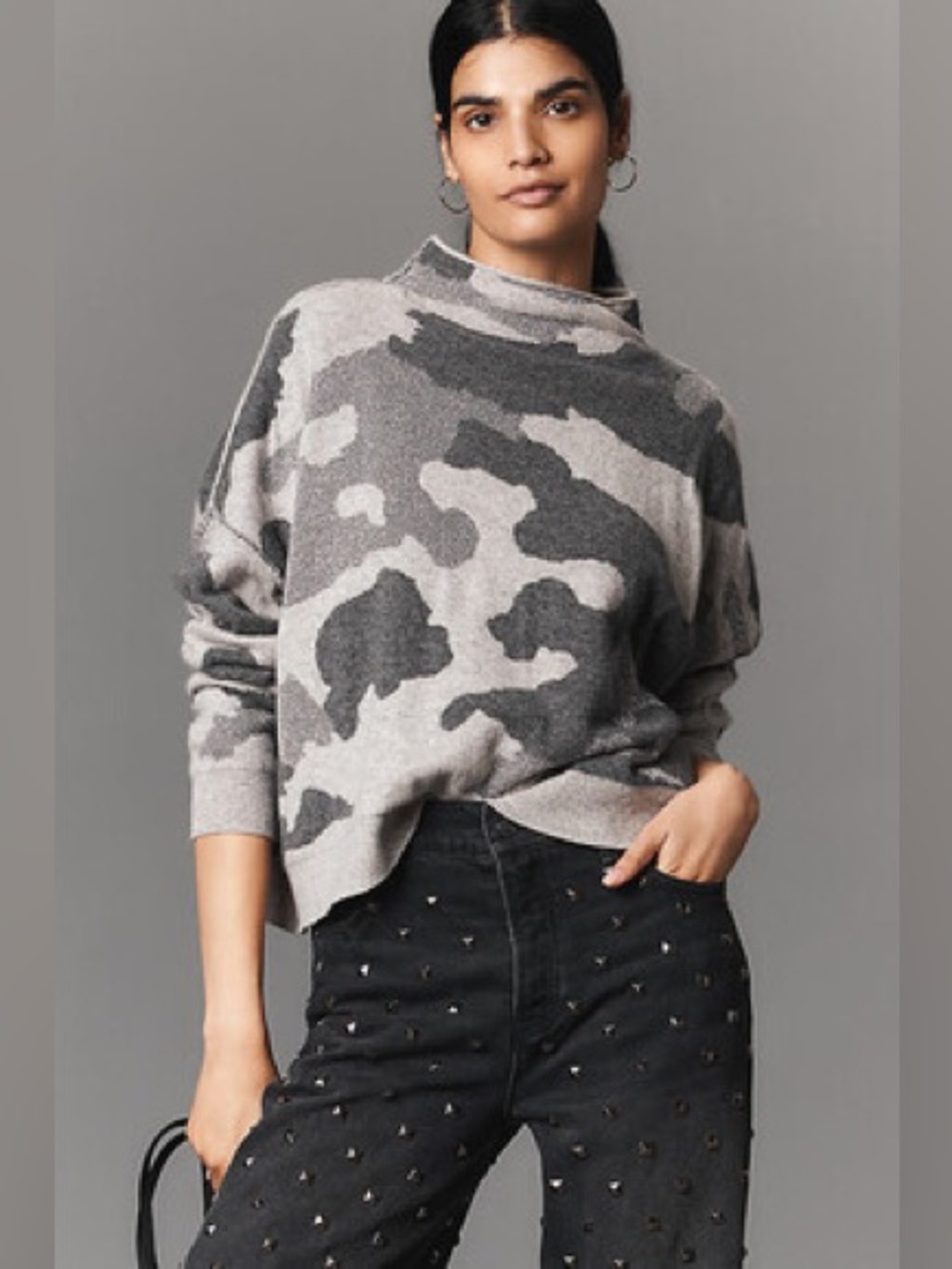 Small Anthropologie Pilcro Alani cashmere camo Gray Mock Neck Sweater silver